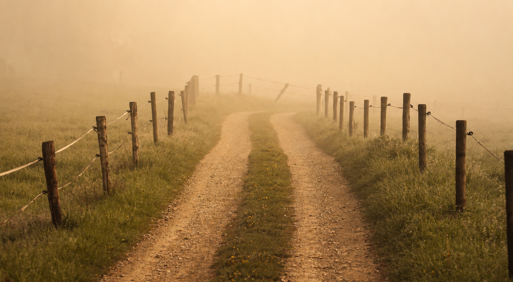 Sanfter Weg im Morgennebel zwischen Wiesen und Holzzäunen – ein stilles Bild für Übergang, Orientierung und inneres Ankommen.