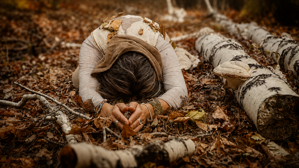 Frau in stiller Verbindung mit der Natur zwischen hellen Birkenstämmen